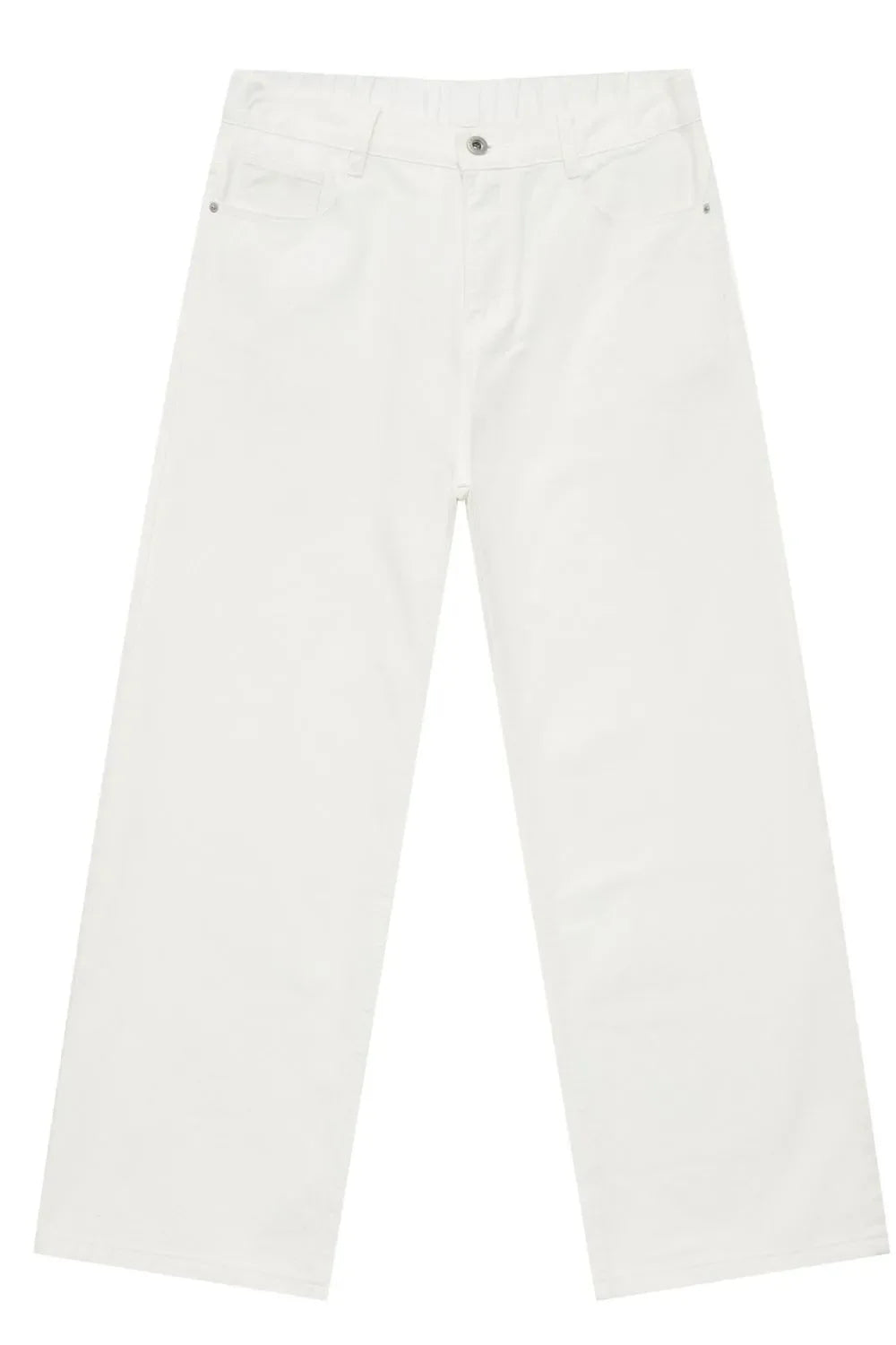 Ivory wide leg denim trousers with a casual, chic style.