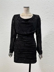 Ruched Long Sleeve Mini Dress in Off-white, fabric detail