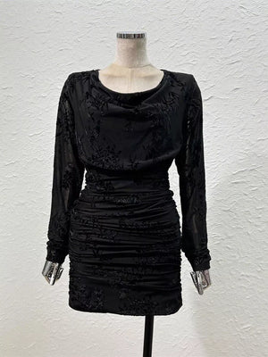 Ruched Long Sleeve Mini Dress in Off-white, fabric detail
