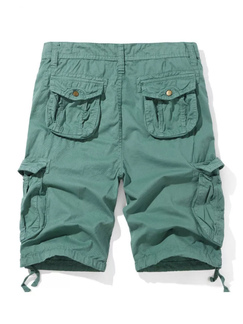 Men's army green cargo shorts with multiple button-flap pockets and drawstring hems.
