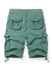 Men's army green cargo shorts with multiple button-flap pockets and drawstring hems.