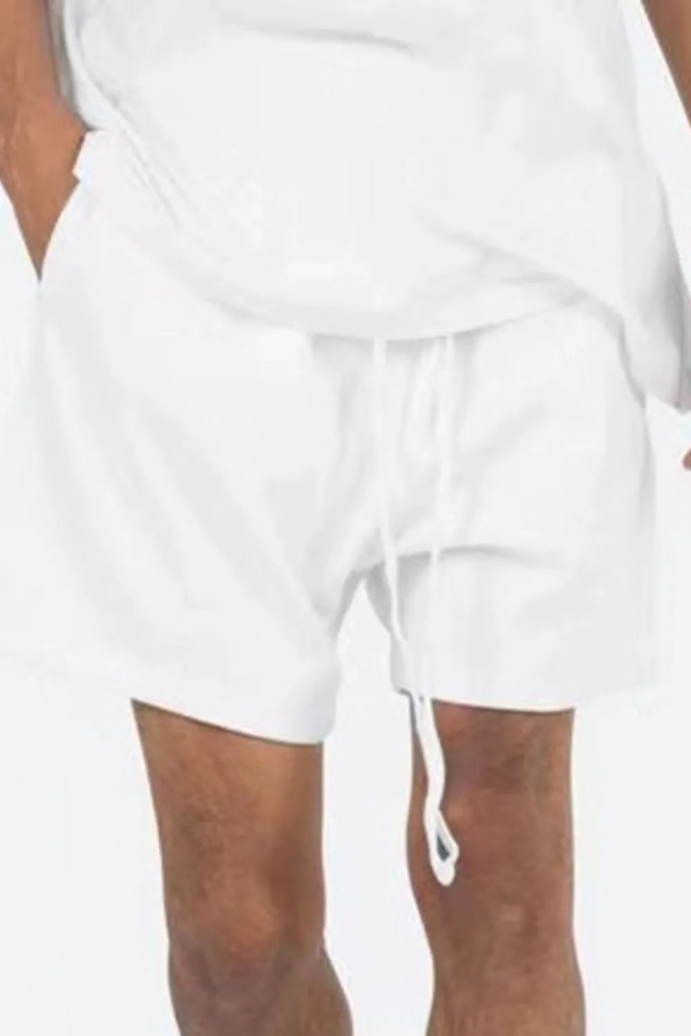Relaxed white fleece jogger shorts with drawstring and pockets
