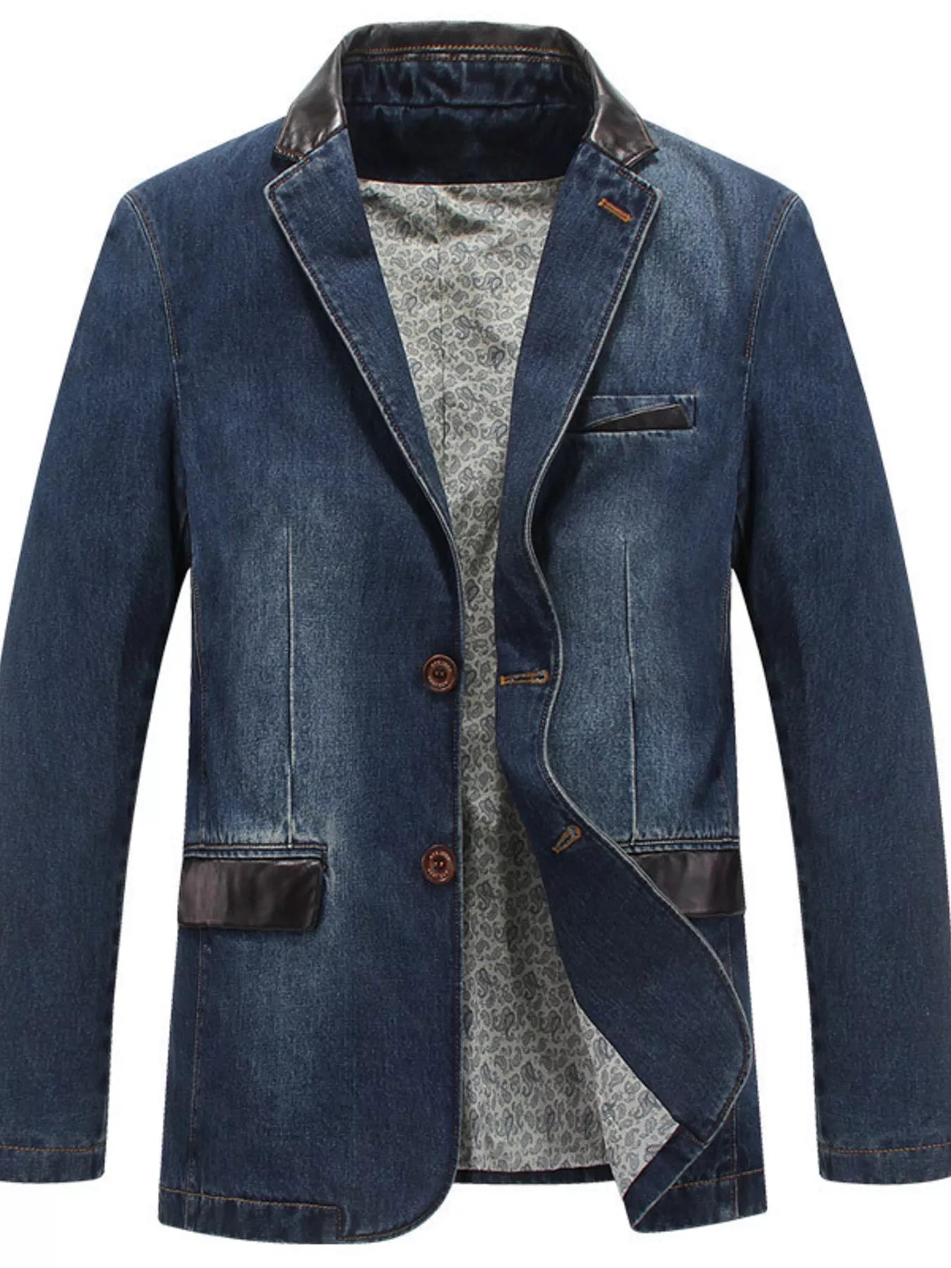 Men's denim blue blazer with leather collar and pocket details, button-up, tailored fit.