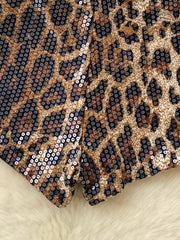 Radiant animal print sequin chino shorts with a leopard pattern.