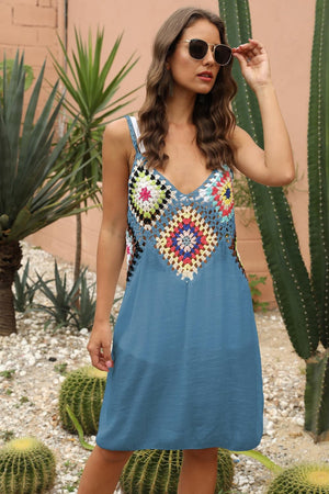 Dusty blue maxi dress with colorful crochet yoke detail and V-neck