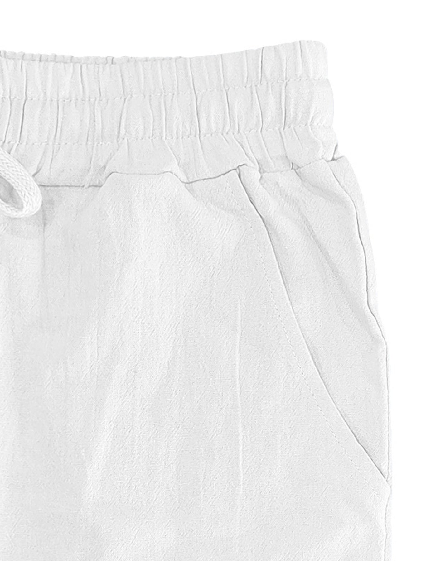 White drawstring sweatpants with elastic waistband and side pocket detail.