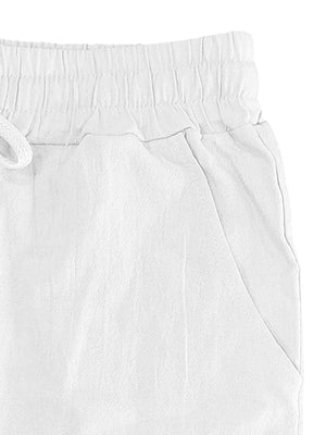 White drawstring sweatpants with elastic waistband and side pocket detail.