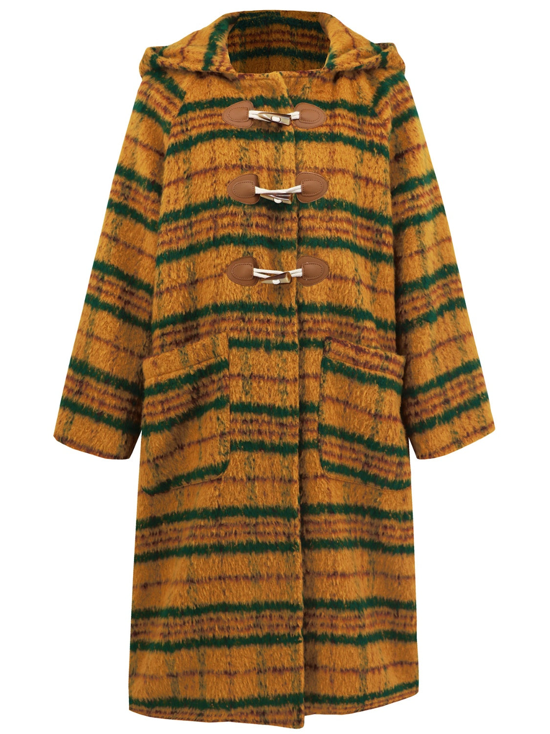 Tartan toggle hooded coat in mustard and dark green with leather details and pockets.