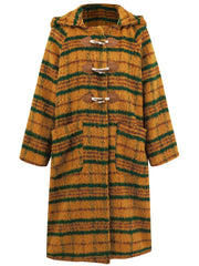 Tartan toggle hooded coat in mustard and dark green with leather details and pockets.
