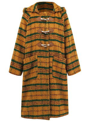 Tartan toggle hooded coat in mustard and dark green with leather details and pockets.