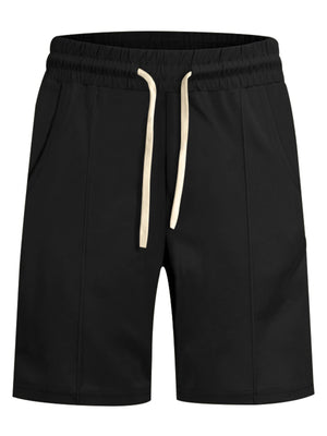 Black chino shorts for men with drawstring waist and side pockets.