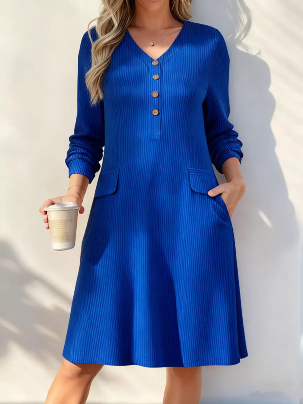 Full Size Ribbed Knit V-neck Dress Plus Size in White, close-up detail