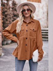 Corduroy peplum shirt jacket in ochre with buttoned chest pockets and a ruffled hem.