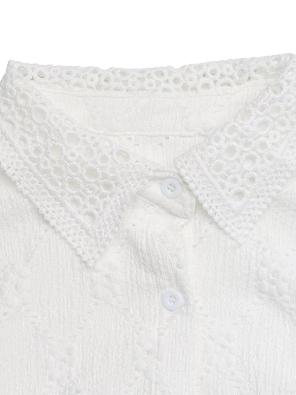 White lace-trimmed button-up maternity shirt with textured fabric and ruffle sleeves.