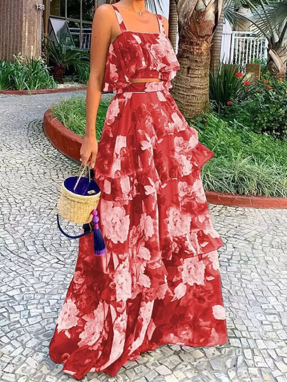 Ruffled floral two-piece set in strawberry red with tiered skirt and crop top.