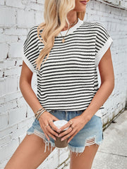 Textured stripe cap sleeve knit top in black and white, with a crew neck.
