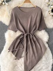 Tied waist knit set in khaki with wide legs and asymmetric hem.