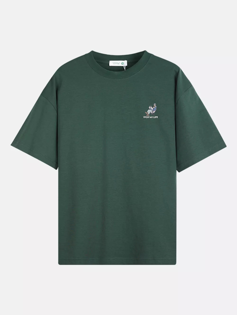 Dark Green relaxed fit cotton tee with embroidered graphic and text.
