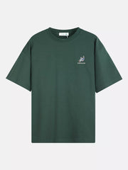 Dark Green relaxed fit cotton tee with embroidered graphic and text.