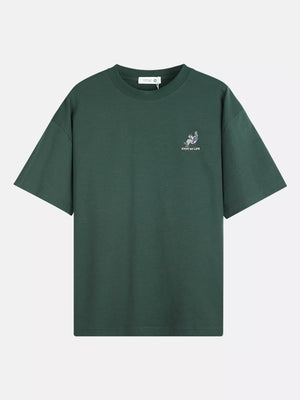 Dark Green relaxed fit cotton tee with embroidered graphic and text.