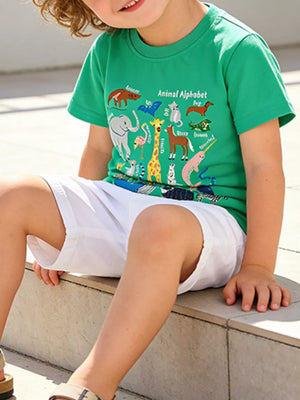 Blue graphic t-shirt with whimsical animal alphabet print for babies and children.