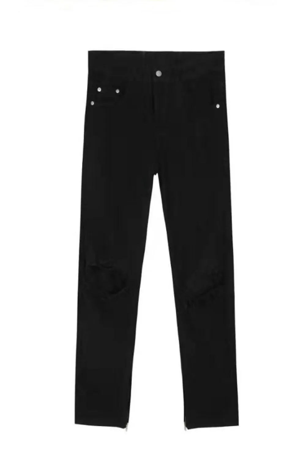 Black skinny fit denim jeans with distressed knees and ankle zippers.