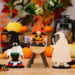Halloween gnome figurines in assorted sizes and styles, including a pumpkin gnome with spiderweb hat and a gnome with