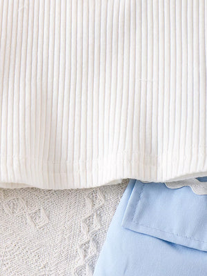 Children's Ribbed Knit Polo Top & Scalloped Shorts Set in Blue, fit detail