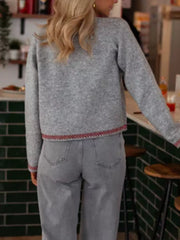 Grey embroidered contrast trim cardigan with button-down detail.