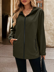 Army green zip-through hooded jacket with zippered pockets and a casual fit.