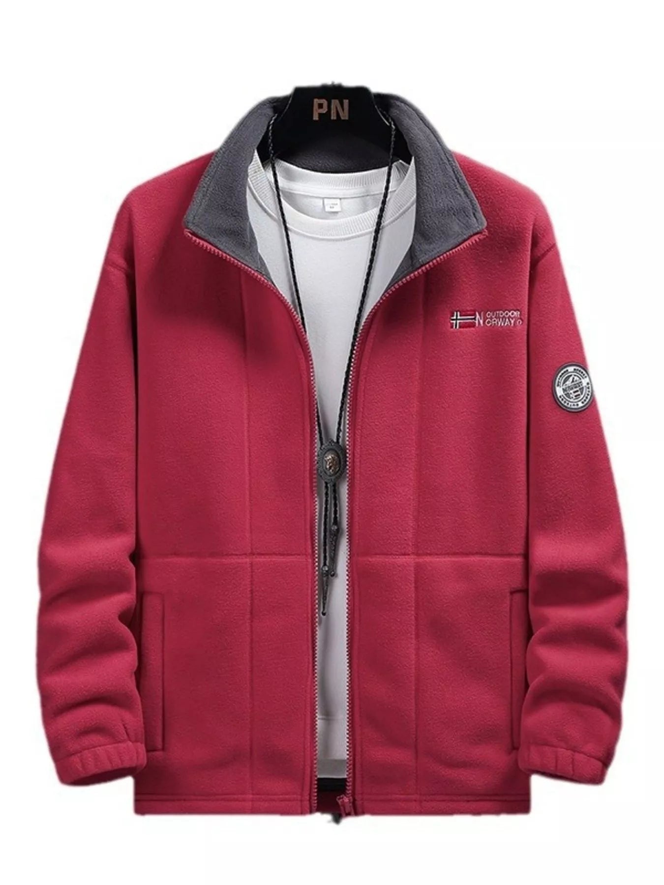 Red fleece zip-up jacket with grey collar and embroidered logo detail.