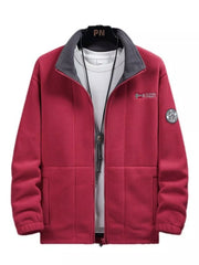 Red fleece zip-up jacket with grey collar and embroidered logo detail.