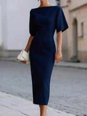 Half Sleeve Boat Neck Midi Dress in Red, alternate angle