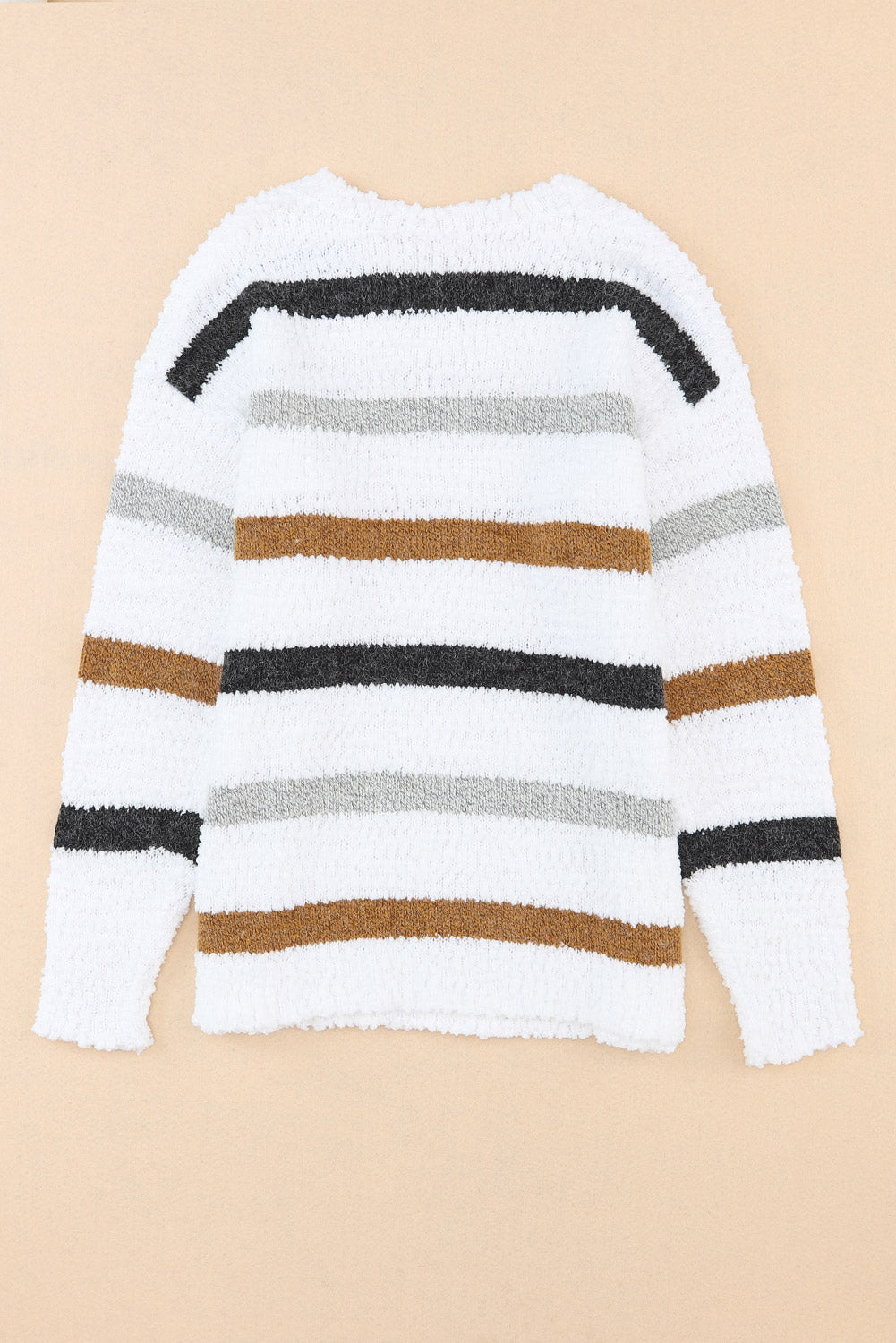 Textured stripe slouchy knit sweater in white with acrylic yarn, featuring horizontal stripes in black, grey, and brown.