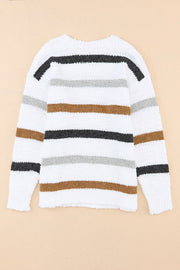 Textured stripe slouchy knit sweater in white with acrylic yarn, featuring horizontal stripes in black, grey, and brown.