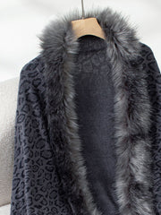 Leopard print cardigan with faux fur trim in black and grey acrylic.