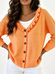 Ruffled Neckline Button-up Cardigan in White, alternate angle