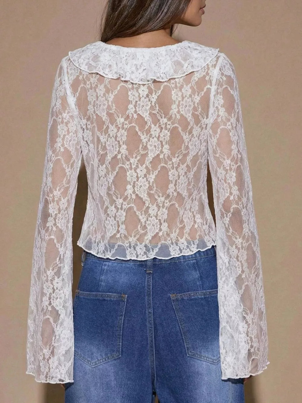 Sheer Lace Ruffle Tie-front Blouse in White, model styling view