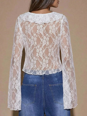 Sheer Lace Ruffle Tie-front Blouse in White, model styling view
