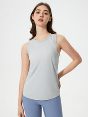 Light Gray mesh-back performance tank top with a round neckline and curved hem