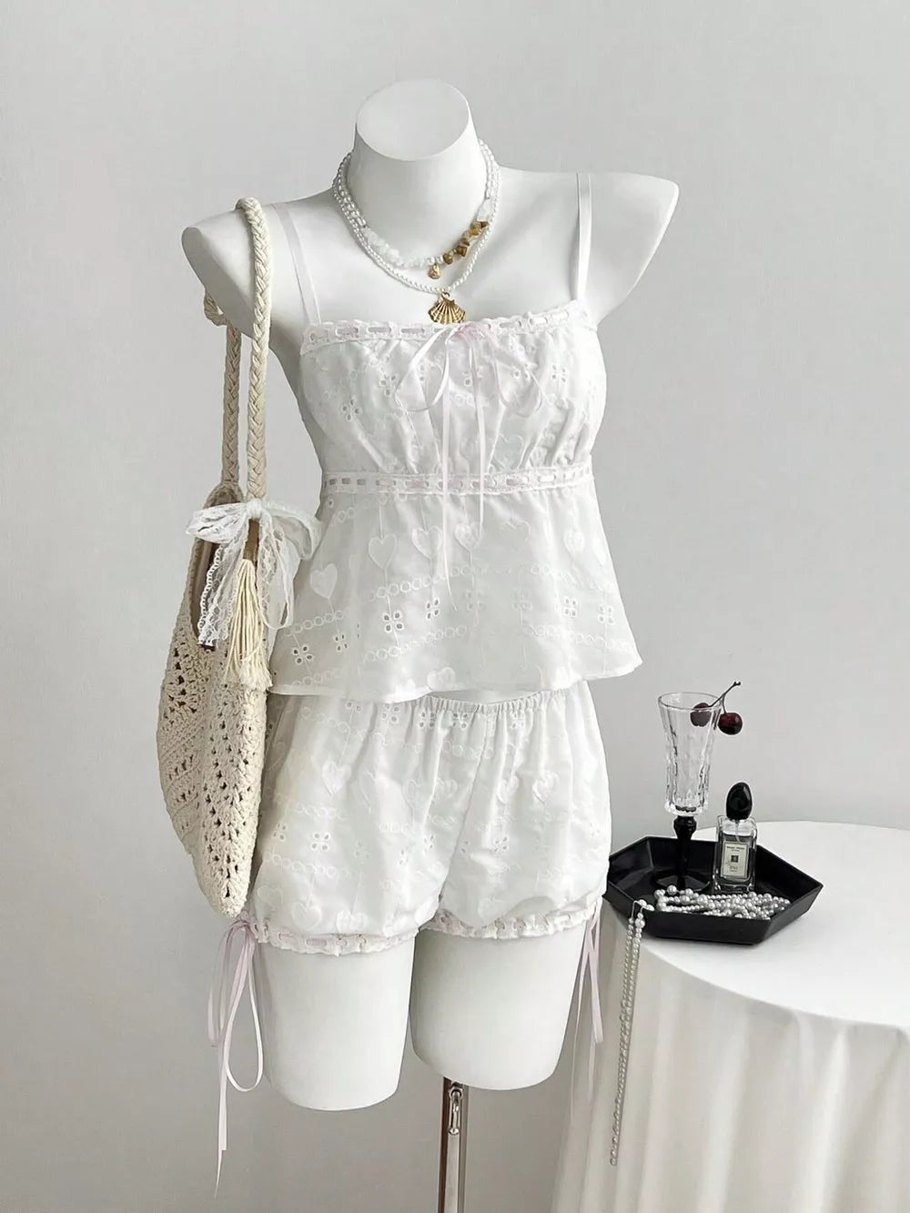 Lace Detail Eyelet Cami And Shorts Set, side view