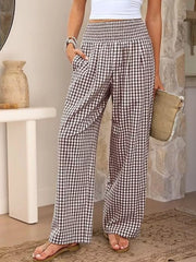 Black plaid gingham maternity pants with smocked waistband and wide legs.
