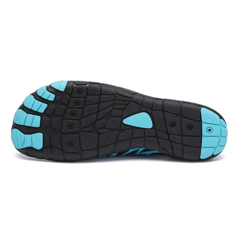 Adaptive mesh trail runners with black and blue sole detail.