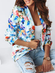 Vibrant Floral Print Open Front Blazer in Red, model styling view