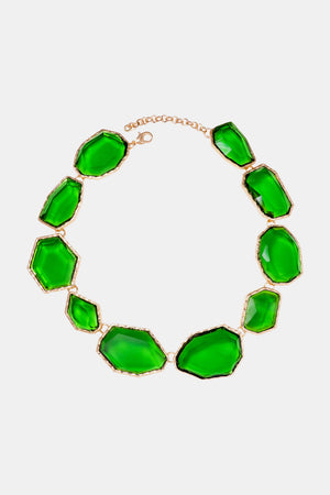 Green prismatic resin stone collar necklace with gold-tone chain and clasp.