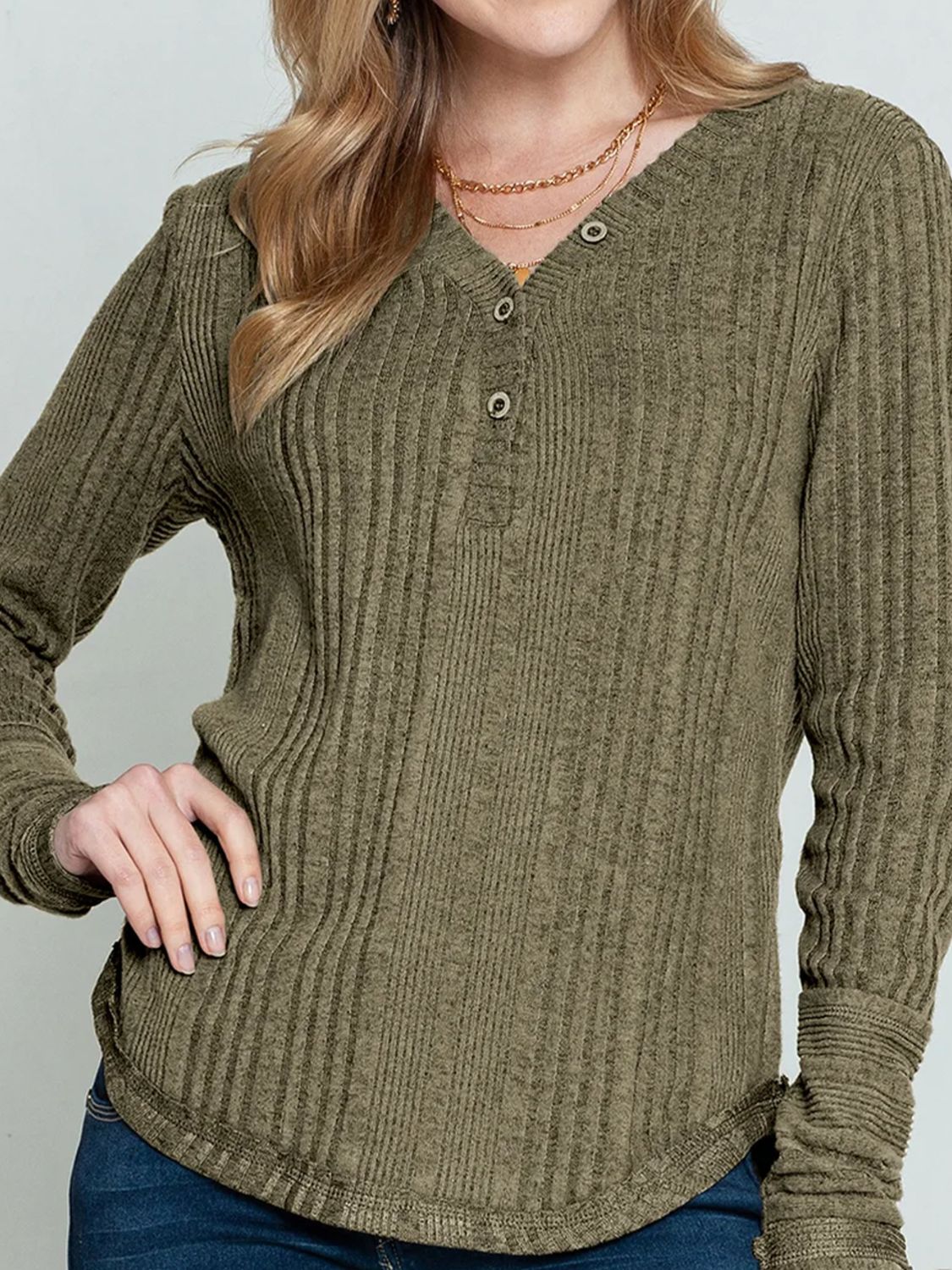 Textured henley shirt in matcha green with ribbed cuffs and button placket.