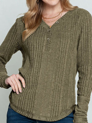 Textured henley shirt in matcha green with ribbed cuffs and button placket.
