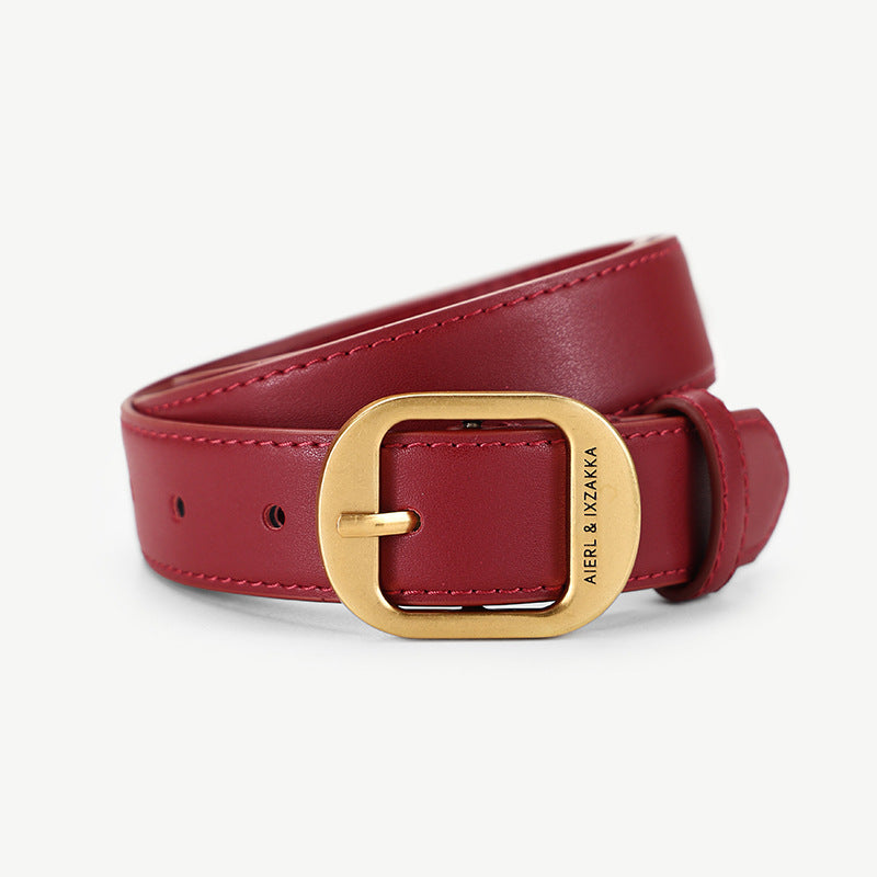 Burgundy cowhide leather belt with gold buckle and embossed logo detail.