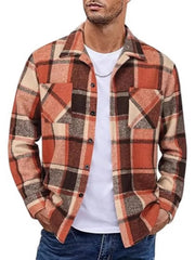 Men's orange red plaid button-up shirt with pockets, cotton blend, casual style.