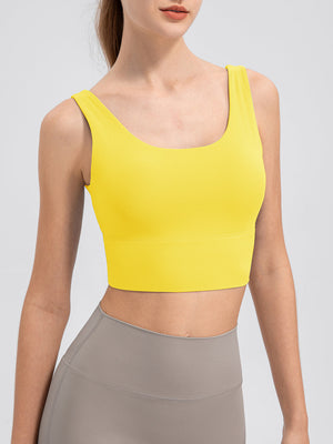 Yellow performance crop top with scoop neck and wide band